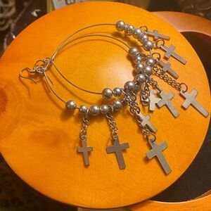 Silver Cross Dangle Hoop Earrings